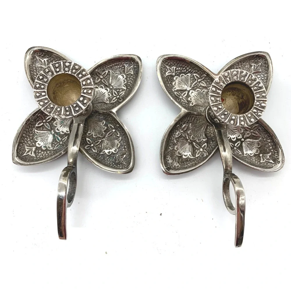 Vintage Silver Flower Chamberstick Candle Holder Pair Hollywood Regency Taper